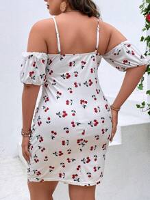 Celure Vestido ajustado con estampado de cereza ribete con encaje de hombros descubiertos fruncido - Blanco - Ver 2