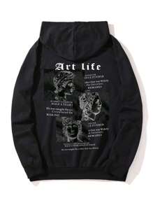ROMWE MEN Street Life Guys Slogan And Figure Graphic Kangaroo Pocket Thermal Hoodie - Black - View 1
