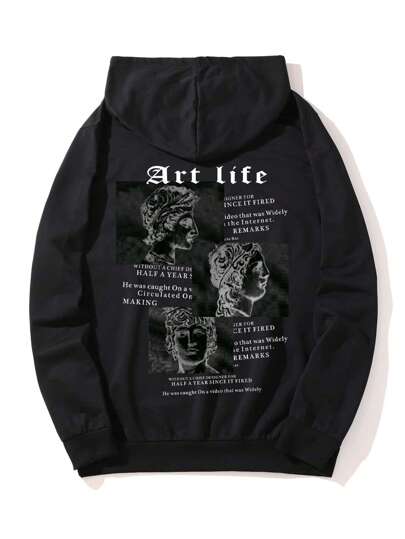 Street Life هودي حراري شعار و جرافيك شكل جيب الكنغر للشباب