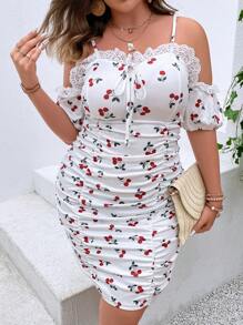 Celure Vestido ajustado con estampado de cereza ribete con encaje de hombros descubiertos fruncido - Blanco - Ver 6
