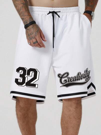 ROMWE MEN Prep Men Letter Graphic Contrast Trim Drawstring Waist Baggy Basketball Shorts, School