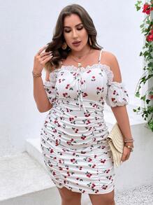 Celure Vestido ajustado con estampado de cereza ribete con encaje de hombros descubiertos fruncido - Blanco - Ver 7