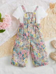 SHEIN Baby Floral Print Overall Jumpsuit Without Tee - Multicolor - View 2