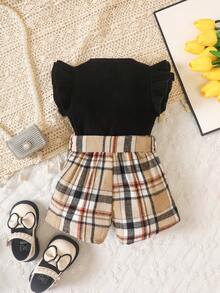 嬰兒荷葉邊T恤和格紋印花附腰帶短褲 - 彩色 - 查看 2