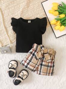 嬰兒荷葉邊T恤和格紋印花附腰帶短褲 - 彩色 - 查看 3