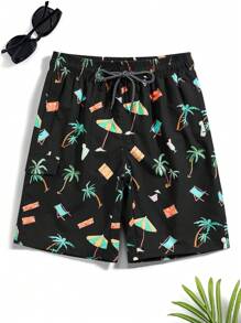 Manfinity Hombres Shorts de natación con estampado de árbol de coco de cintura con cordón - Negro - Ver 1