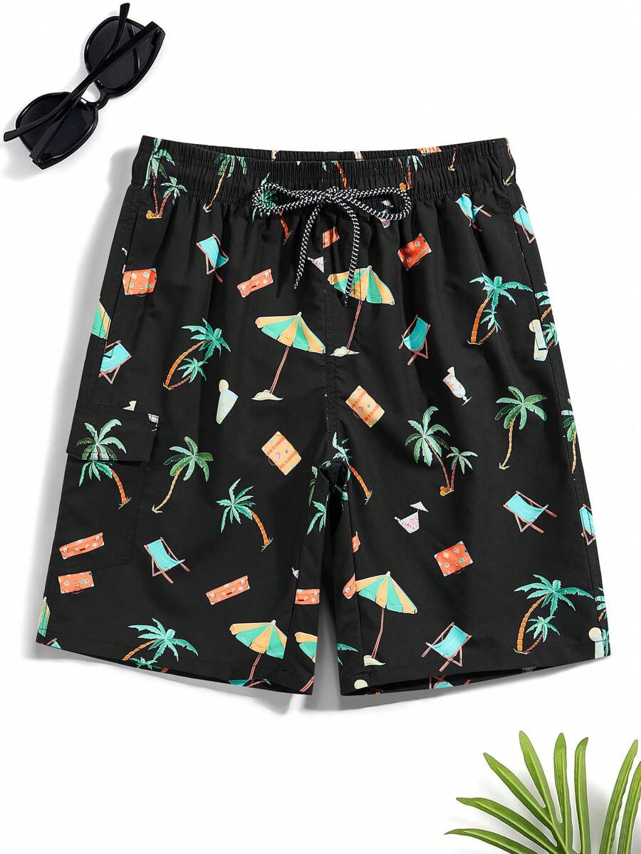 Manfinity Hombres Shorts de natación con estampado de árbol de coco de cintura con cordón - Negro - Ver 1