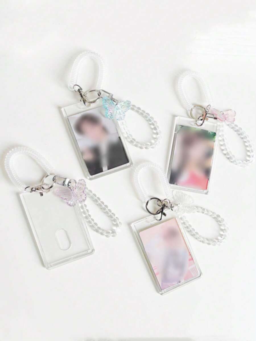 1入組透明亞克力卡片套,配有水晶蝴蝶鑰匙扣和珠串吊墜 - 淺粉色 - 查看 1