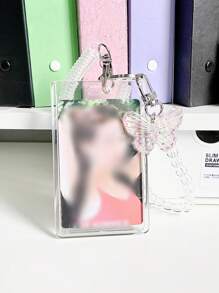 1入組透明亞克力卡片套,配有水晶蝴蝶鑰匙扣和珠串吊墜 - 淺粉色 - 查看 3
