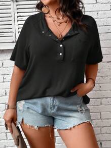 SHEIN LUNE T-shirt à bouton manches raglan - Noir - Voir 3