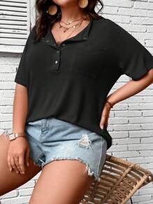 SHEIN LUNE T-shirt à bouton manches raglan - Noir - Voir 4