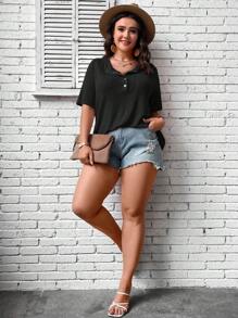 SHEIN LUNE T-shirt à bouton manches raglan - Noir - Voir 6