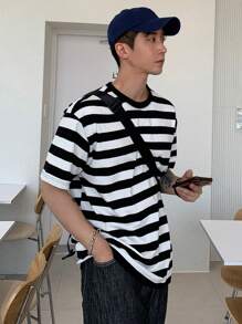 DAZY Men Striped Print Drop Shoulder Tee - Black and White - View 2