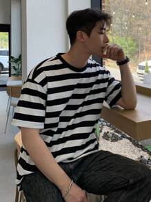 DAZY Men Striped Print Drop Shoulder Tee - Black and White - View 1