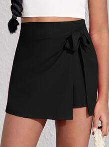 SHEIN Tween Girl Knot Side Wrap Skort - Black - View 1