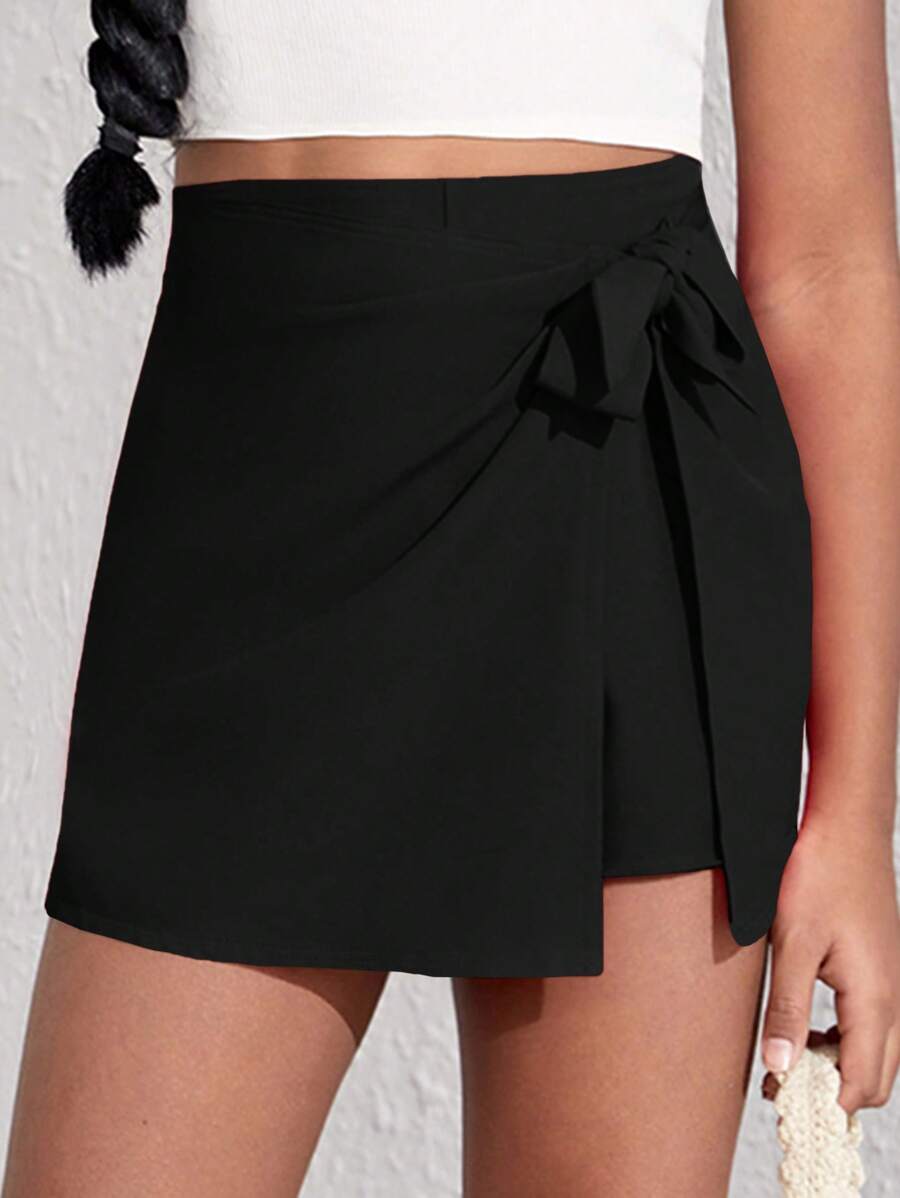 SHEIN Tween Girl Knot Side Wrap Skort - Black - View 1
