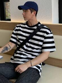 DAZY Men Striped Print Drop Shoulder Tee - Black and White - View 7