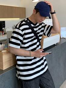 DAZY Men Striped Print Drop Shoulder Tee - Black and White - View 5