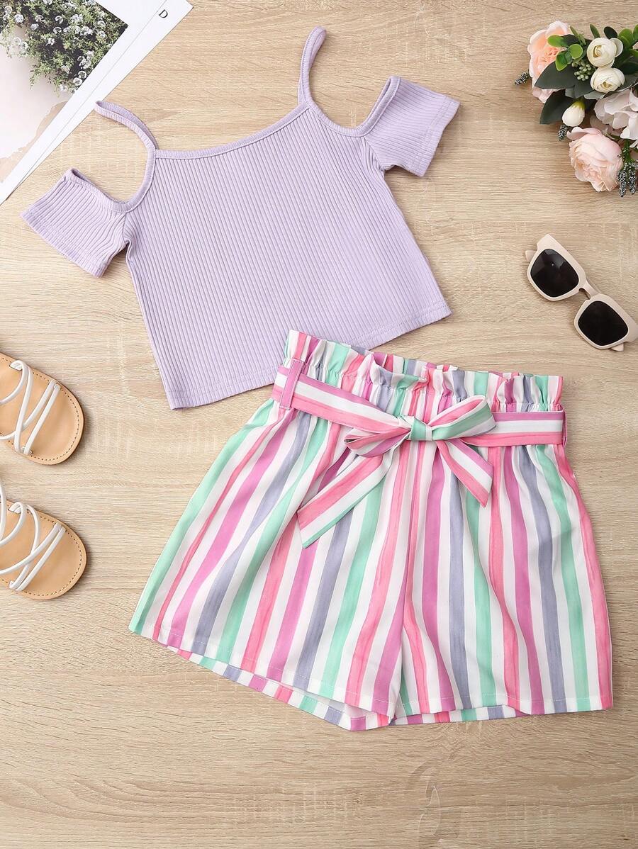 SHEIN Girls Cold Shoulder Tee & Striped Belted Shorts - Lilac Purple - View 1