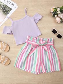 SHEIN Girls Cold Shoulder Tee & Striped Belted Shorts - Lilac Purple - View 2