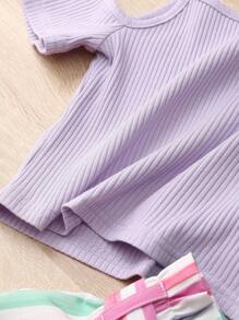 SHEIN Girls Cold Shoulder Tee & Striped Belted Shorts - Lilac Purple - View 4