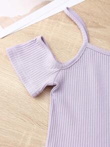 SHEIN Girls Cold Shoulder Tee & Striped Belted Shorts - Lilac Purple - View 5