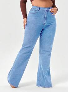 SHEIN SXY Plus High Waist Flare Leg Jeans Without Belt - Medium Wash - View 4