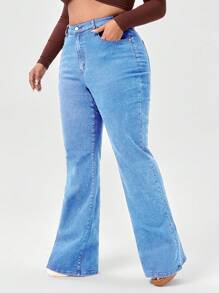 SHEIN SXY Plus High Waist Flare Leg Jeans Without Belt - Medium Wash - View 1