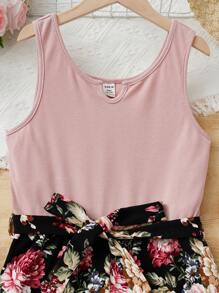 SHEIN Teen Girls Floral Print Notched Neck Belted Romper - Baby Pink - View 4