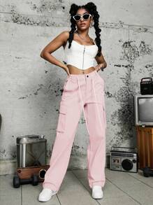 Drawstring Flap Pocket Side Cargo Trousers - Baby Pink - View 1
