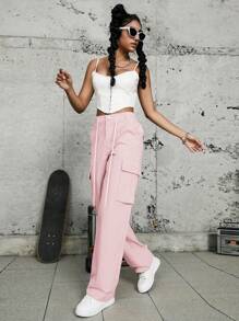 Drawstring Flap Pocket Side Cargo Trousers - Baby Pink - View 4
