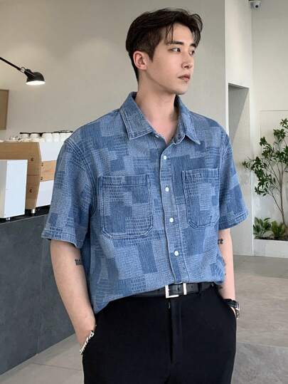 DAZY Men Patchwork Print Dual Pocket Denim Shirt
