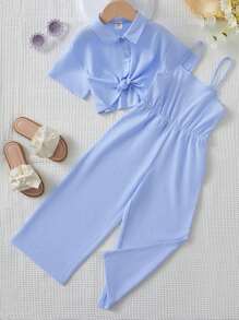 SHEIN Leap Crew 年輕女孩鈕扣前衫+吊帶連身褲 - 淺藍色 - 查看 1