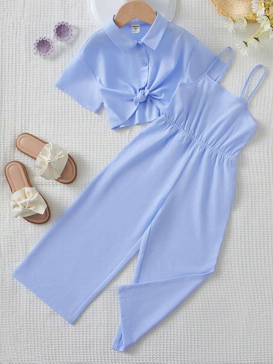 SHEIN Leap Crew 年輕女孩鈕扣前衫+吊帶連身褲 - 淺藍色 - 查看 1