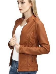 Women's PU Leather Jacket - Elegant Minimalist, With Belt, Pockets, Zipper, Suitable For Autumn, Winter, Spring - Brown - View 4