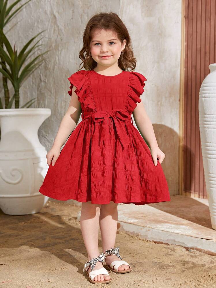 SHEIN Robe à col rond pour jeune fille, unie avec nœud papillon et ceinture, ourlet volanté - Rouge - Voir 3