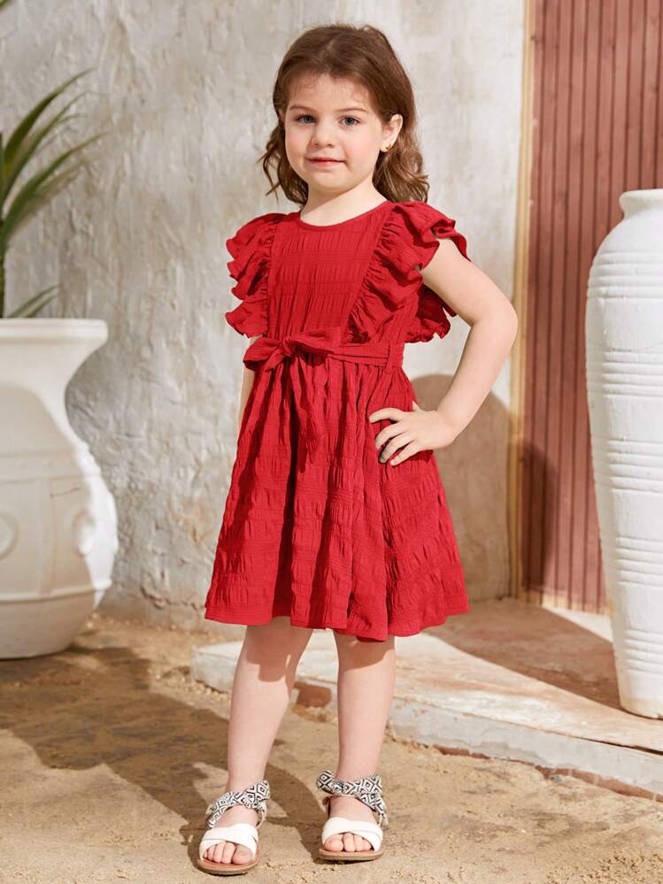 SHEIN Robe à col rond pour jeune fille, unie avec nœud papillon et ceinture, ourlet volanté - Rouge - Voir 5
