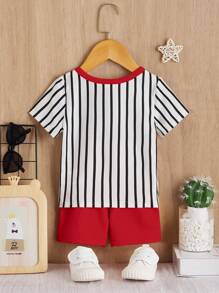 SHEIN 男嬰條紋和字母圖案T恤和短褲 - 紅色 - 查看 2