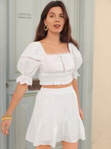 SHEIN Frenchy Square Neck Puff Sleeve Crop Top & Ruffle Hem Skirt Set - White - View 1
