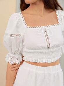 SHEIN Frenchy Square Neck Puff Sleeve Crop Top & Ruffle Hem Skirt Set - White - View 2