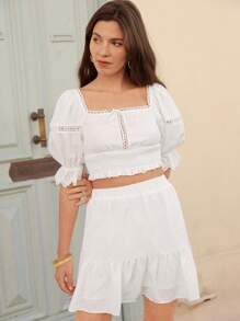 SHEIN Frenchy Square Neck Puff Sleeve Crop Top & Ruffle Hem Skirt Set - White - View 4