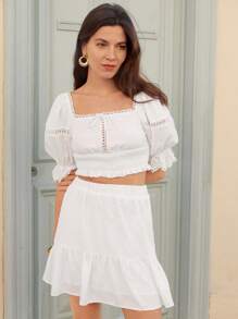SHEIN Frenchy Square Neck Puff Sleeve Crop Top & Ruffle Hem Skirt Set - White - View 5
