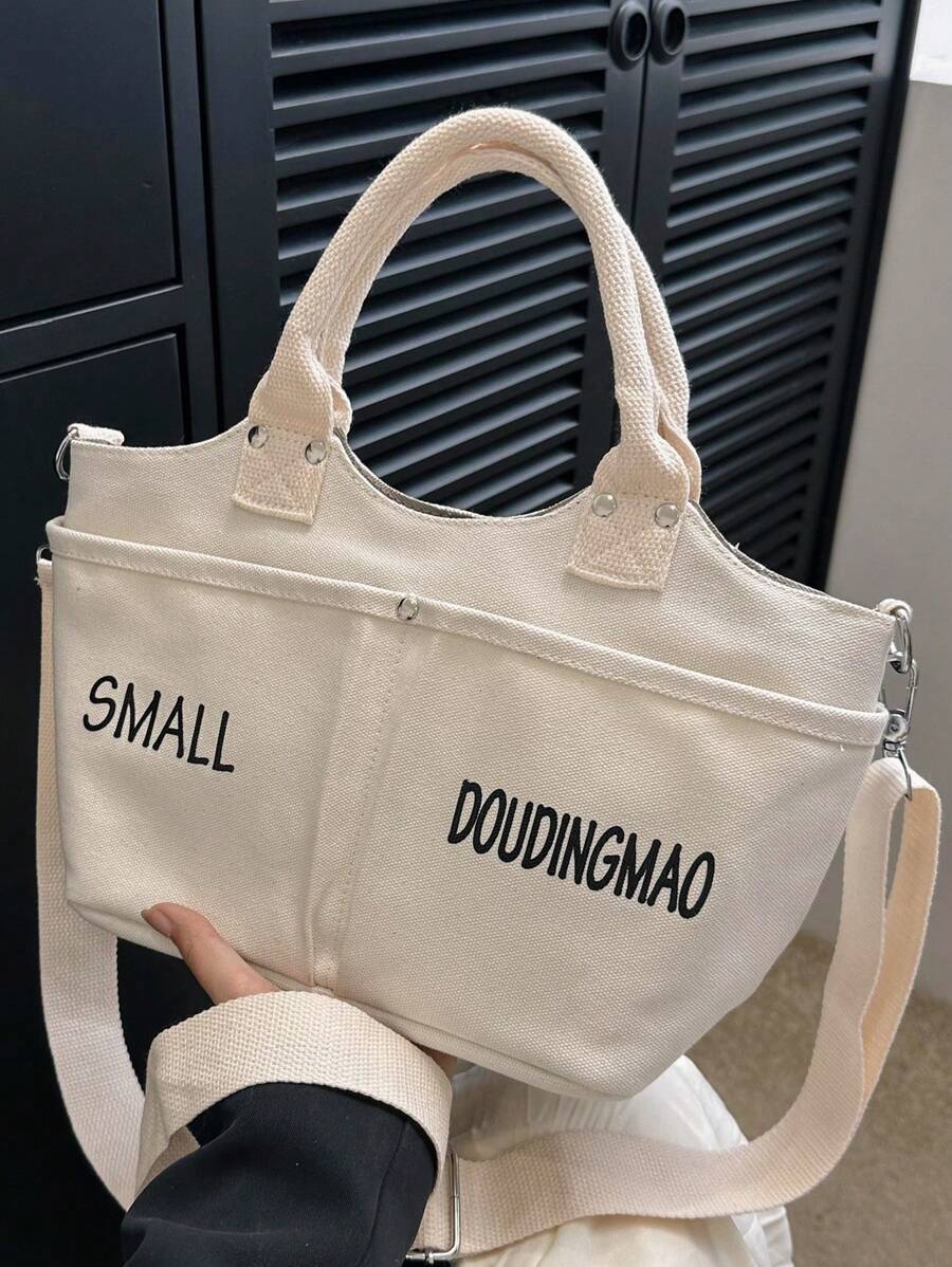 Stylish White Canvas Tote Bag With Shoulder Strap - White - View 1