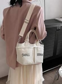 Stylish White Canvas Tote Bag With Shoulder Strap - White - View 2