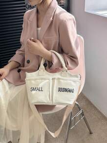 Stylish White Canvas Tote Bag With Shoulder Strap - White - View 3