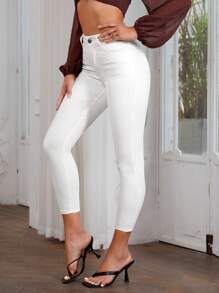 SHEIN PETITE Jeans unicolor delgado crop - Blanco - Ver 4