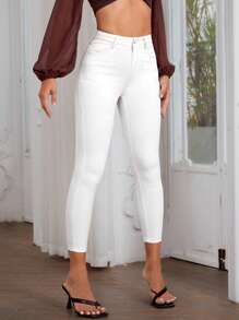 SHEIN PETITE Jeans unicolor delgado crop - Blanco - Ver 5