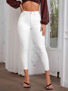 SHEIN PETITE Jeans unicolor delgado crop - Blanco - Ver 6