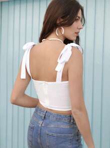 SHEIN Frenchy Tie Shoulder Ruched Detail Cami Top - White - View 6