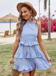 Aveloria Ruffle Trim Tie Backless Halter Dress